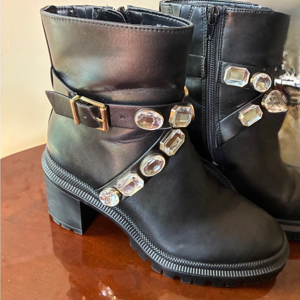 INC International Concepts Black Ankle Boots with Crystal Accents